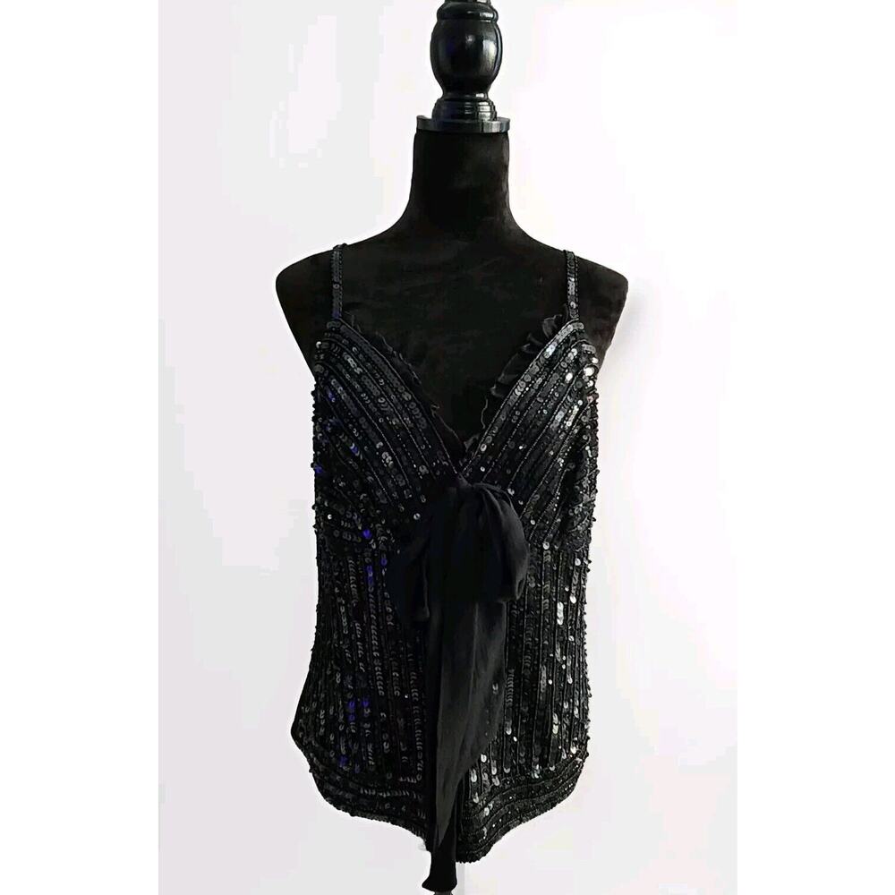 NWT Luisa Spagnoli Women's Black Sequin Cami Tank Top With Ruffles Bow Sheer L - Picture 1 of 7